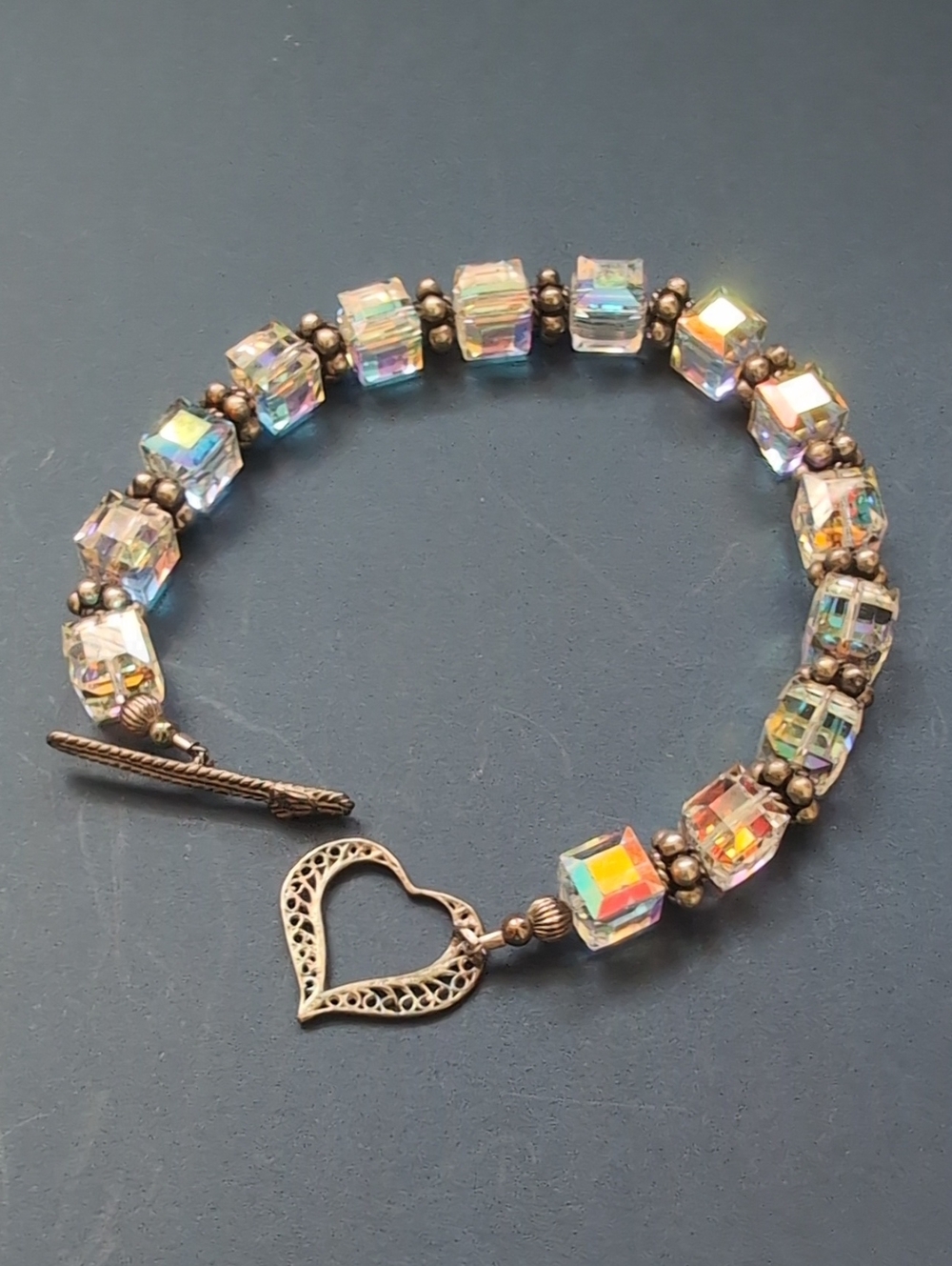 Iridescent Crystal Cube Heart Toggle Bracelet